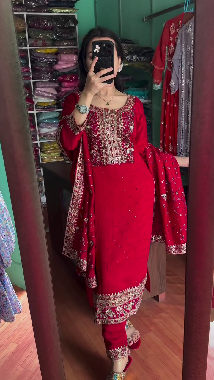 Multicolor silk heavy handwork kurta set with dupatta - Image 5