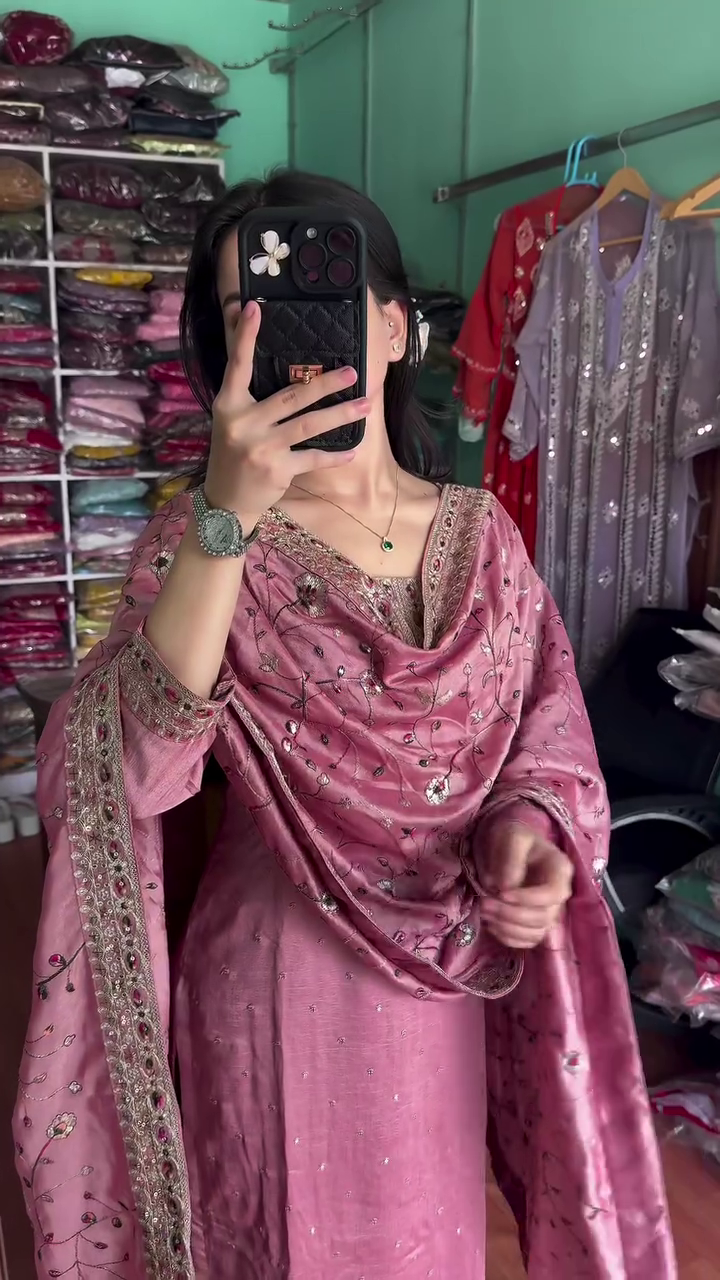 Multicolor silk heavy handwork kurta set with dupatta - Image 6