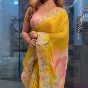 Yellow Tussar Saree With Handwork Floral Border