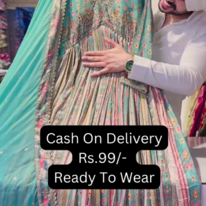 Sea Blue Chinon Heavy Alia Anarkali Gown With Beautiful Sequence Work Duppata