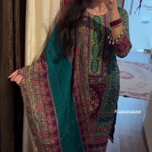 heavy chinon printed with mirror and kodi work 3 pcs suit set