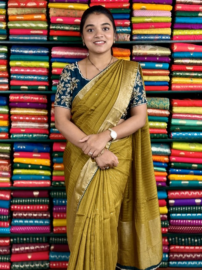 Georgette Sequence Designer Ready To Wear Blouge MehandhiGreen And Dark RamaGreen Saree - Image 5