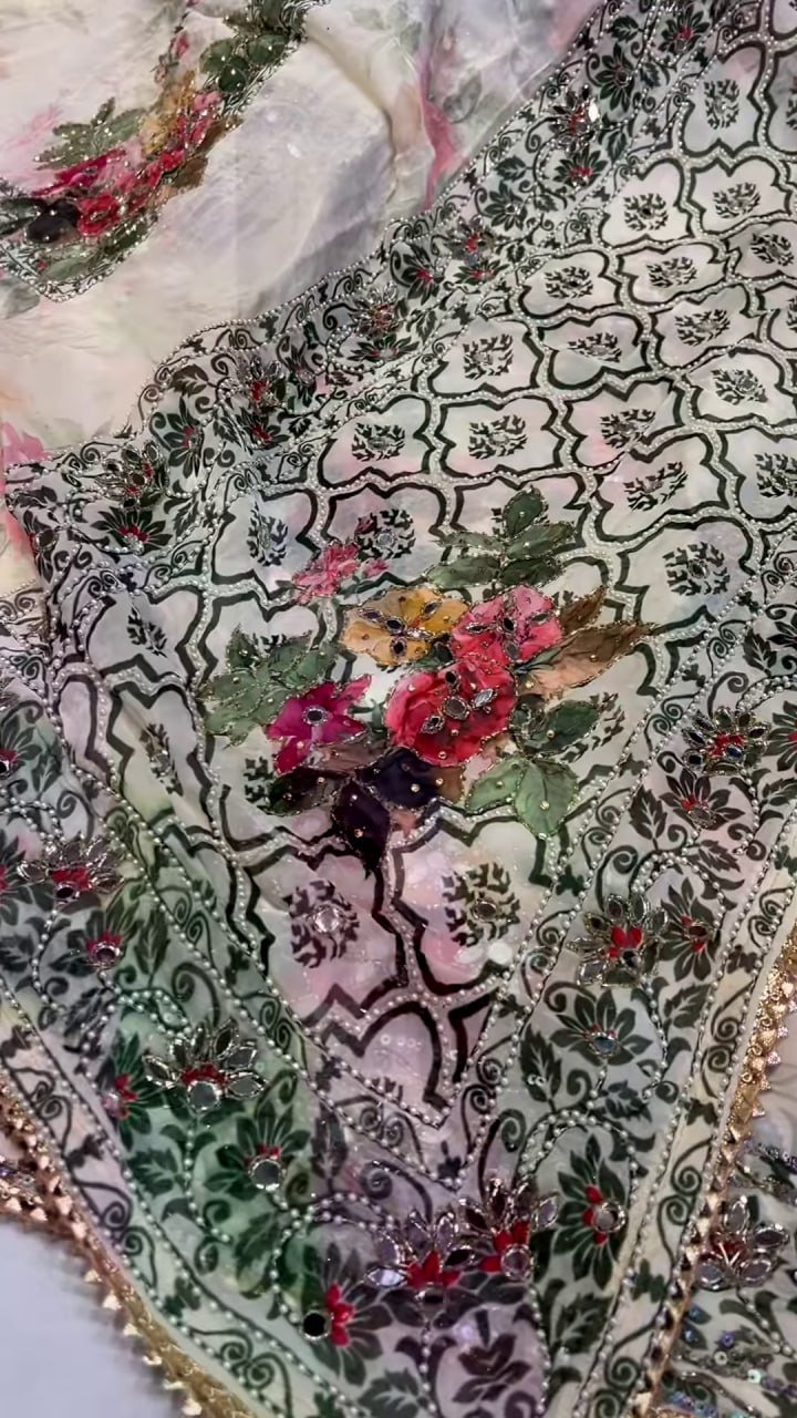 Floral Print Organza Saree With Embroidery - Image 6