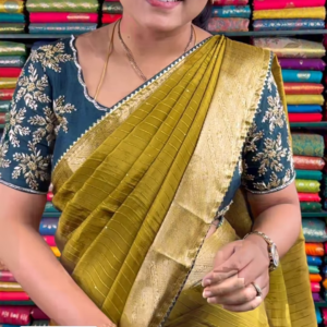 Georgette Sequence Designer Ready To Wear Blouge MehandhiGreen And Dark RamaGreen Saree