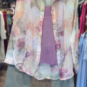 Sheer Floral Print Shirt with Ribbed Knit Tank – Elegant Layered Look