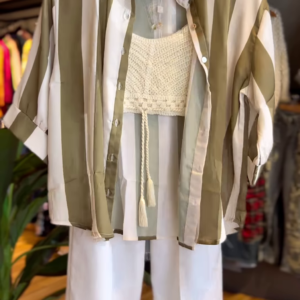 Olive & White Striped Shirt with Crochet Bralette & Wide-Leg Pants – Effortless Boho Chic