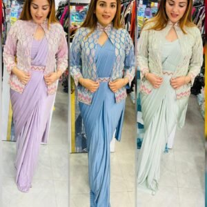 Beautiful Four pc fully embroidered saree with fully stitched blouse jacket and belt