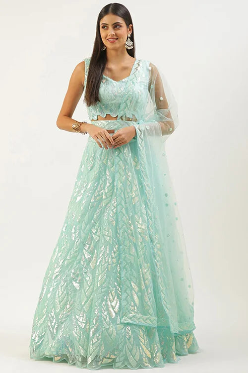 Bollywood Style Blue Lehenga Choli with Thread Embroidery
