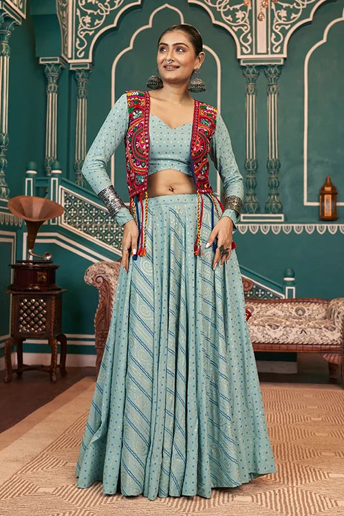 Pista Green Embroidered Jacket Chaniya Choli – Perfect for Navratri