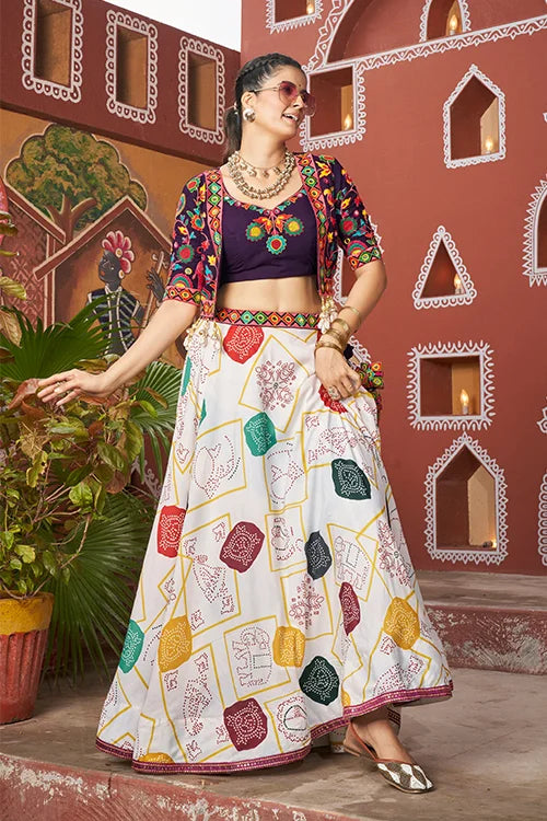 Beautiful White Color Jacket Style Navratri Lehenga Choli Online