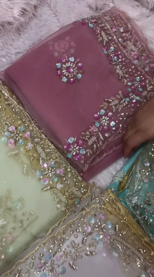 Designer Party Wear Organza saree with shiny handwork - Image 2