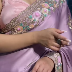 onion colour satin saree with heavy handwork