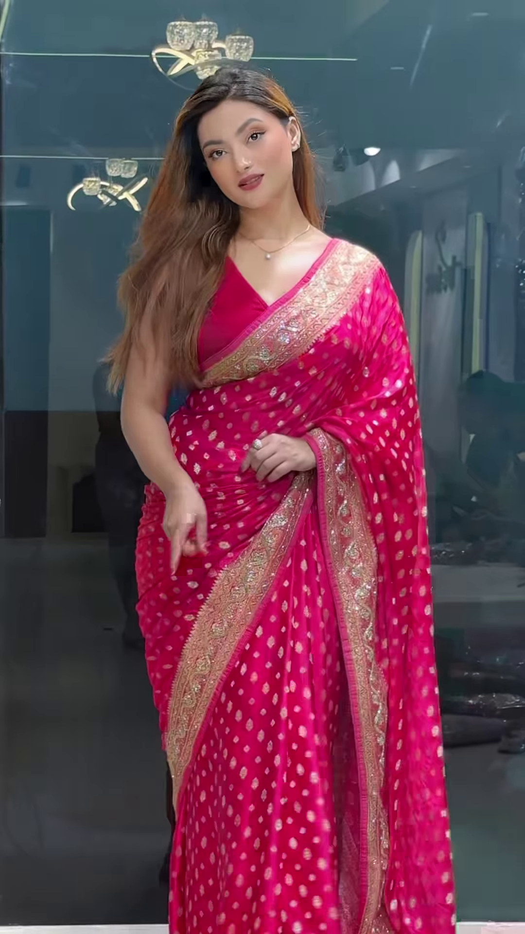 Rani Pink Zari & Sequins Work Raw Silk Saree - Image 2