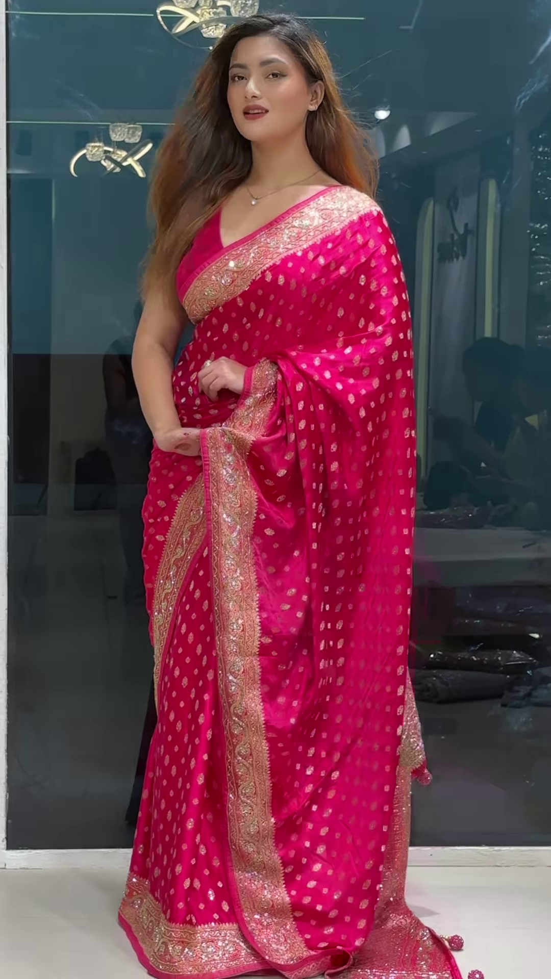 Rani Pink Zari & Sequins Work Raw Silk Saree - Image 3