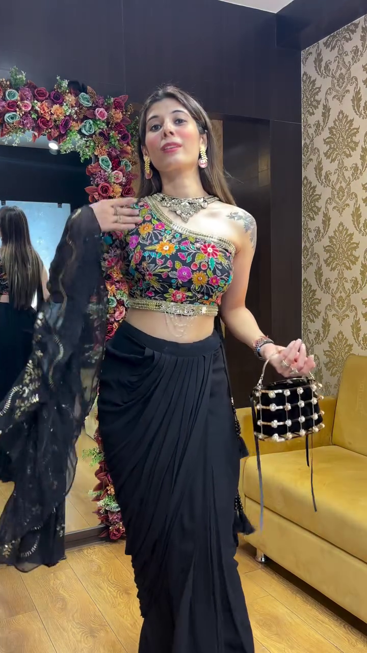 Midnight Glam: Black Pre-Draped Saree with Floral One-Shoulder Blouse - Image 6
