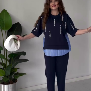 Chic Navy Blue Pearl-Embellished Layered Top – Trendy & Elegant