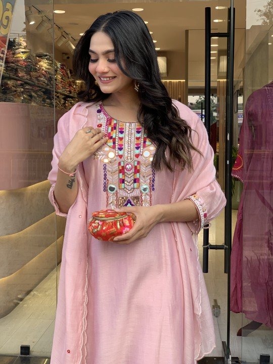 Blush Pink Mirror-Embroidered Suit – A Chic Ethnic Delight - Image 3
