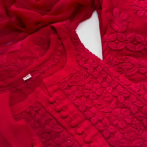Vibrant Red Chikankari Kurta with Matching Dupatta