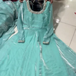 Aqua Blue Anarkali Gown with Embellished Neckline – A Dreamy Ethereal Look