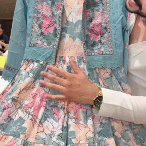 Floral Printed Dress with Embroidered Blue Jacket – Elegant Indo-Western Set for Women