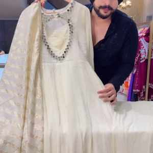 White Mirror Work Anarkali Suit with Gold-Embroidered Dupatta – Elegant Festivewear for Women