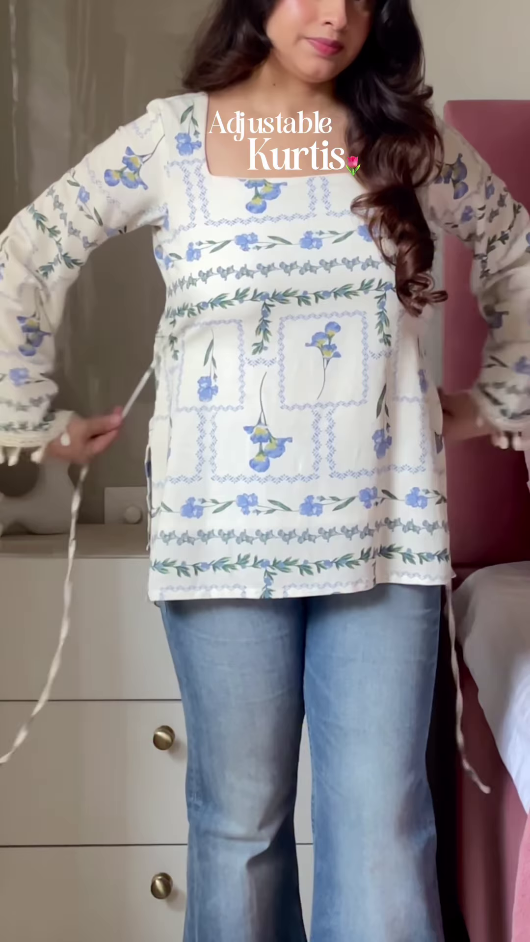 Pink Floral Printed Top with Light Blue Jeans β Casual Ethnic Fusion Wear for Women - Image 8